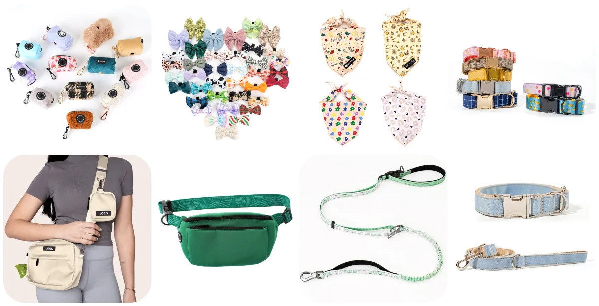 Full collection of customizable dog accessories including collars, leashes, bow ties, bandanas, and poop bag holders for OEM pet brands.