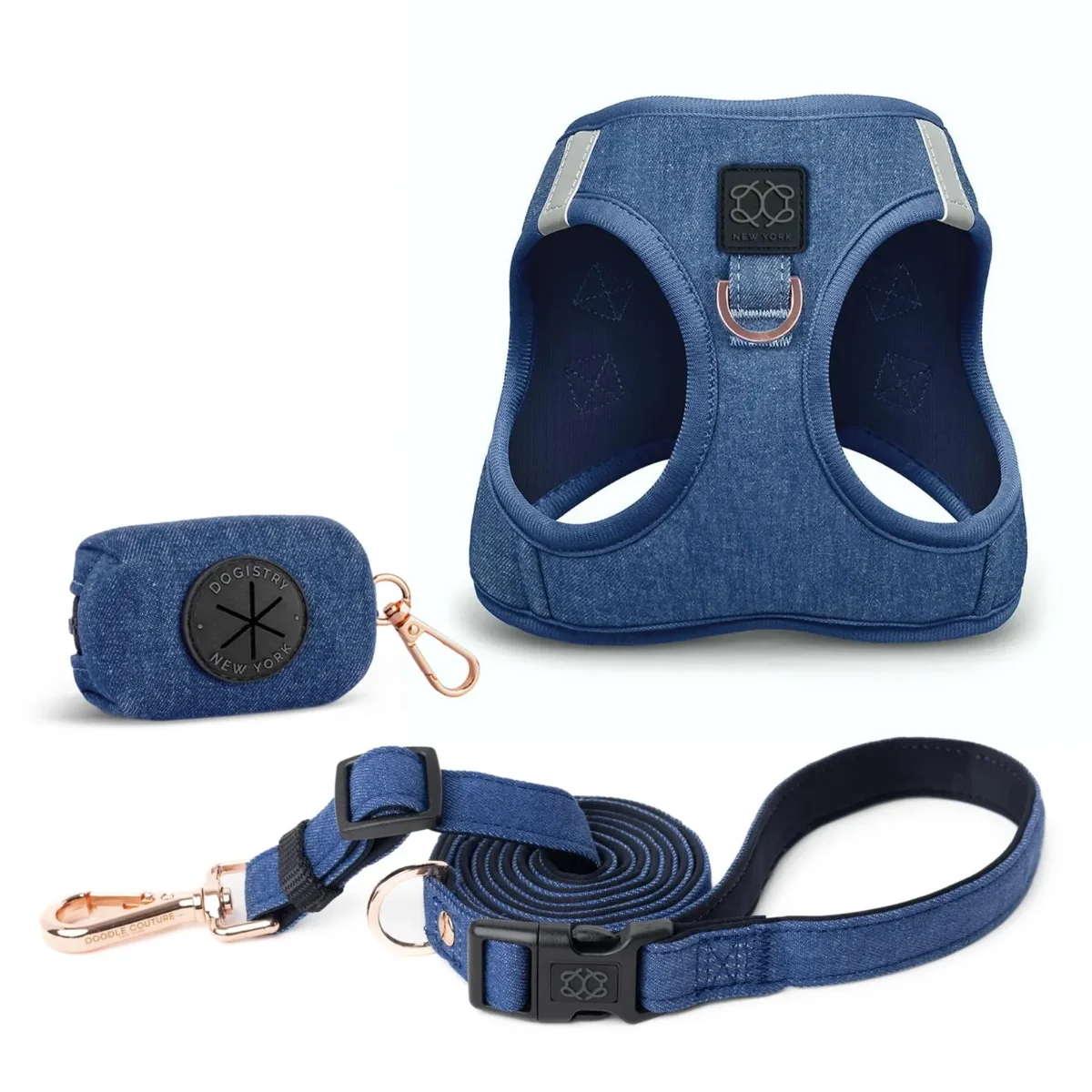 Denim step-in dog harness and leash set with poop bag holder, customizable design for wholesale and OEM pet brands.