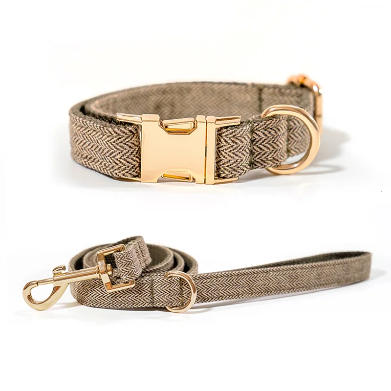 Elegant brown herringbone dog collar and leash set with gold metal clasp, OEM and wholesale available from Yiyay Pets.