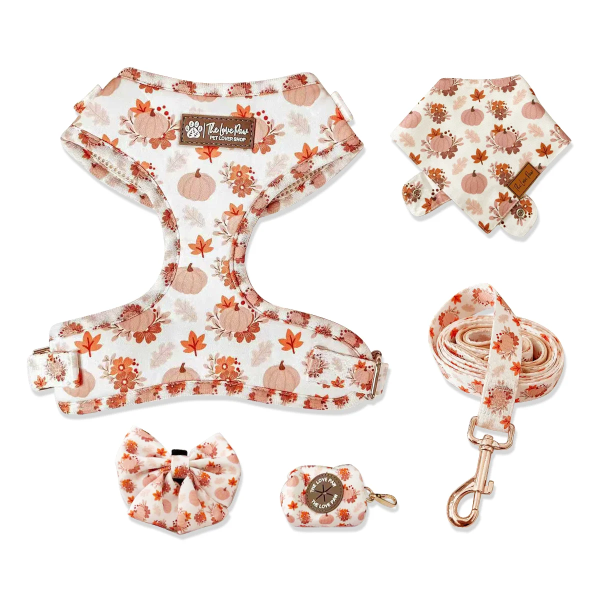 Autumn-themed pumpkin dog harness, leash, bow tie, poop bag holder, and bandana set – customizable pet harness OEM supplier