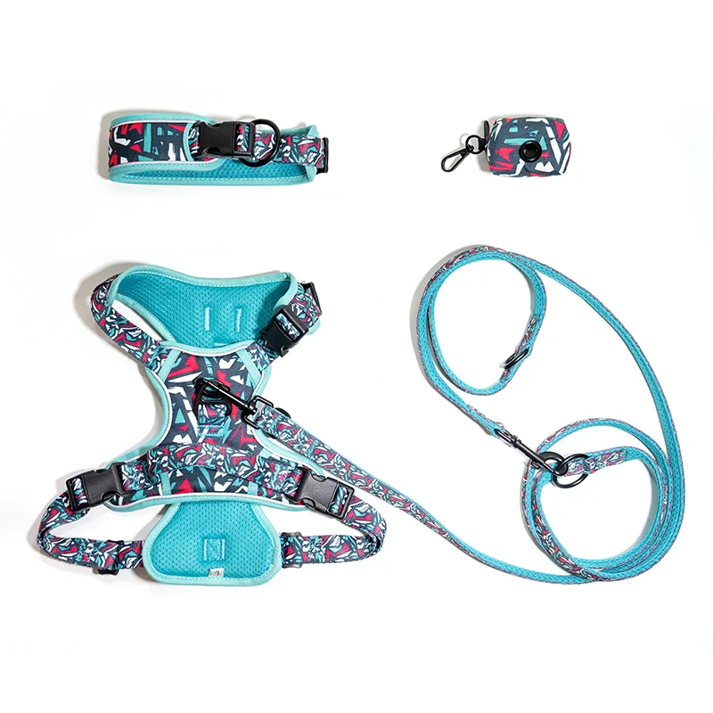 No-pull adjustable dog harness and leash set in geometric blue pattern, OEM customizable for global brands.