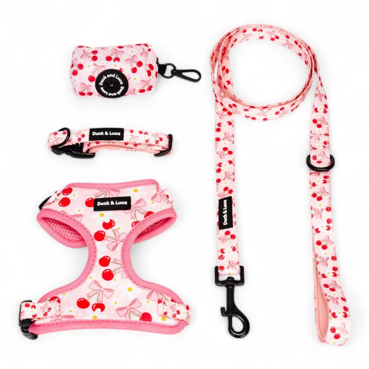 Custom printed pink cherry dog harness, leash and collar set for OEM pet brands and wholesale suppliers.