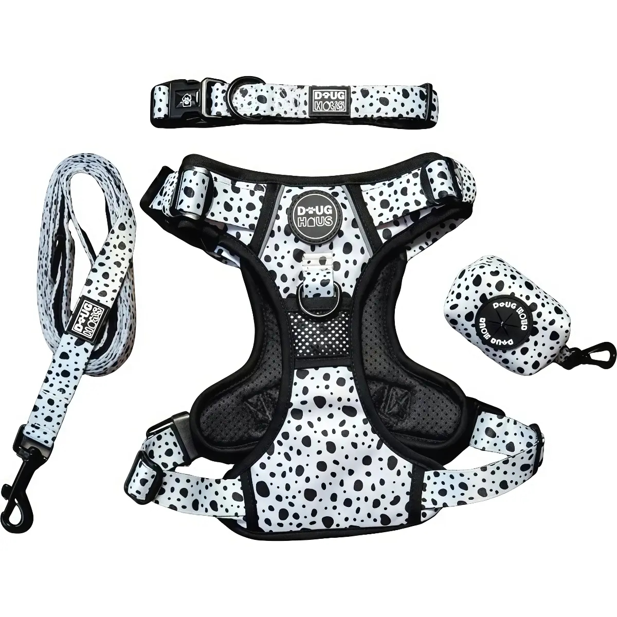 No-pull dog harness with black and white spotted print, custom design from professional OEM factory.