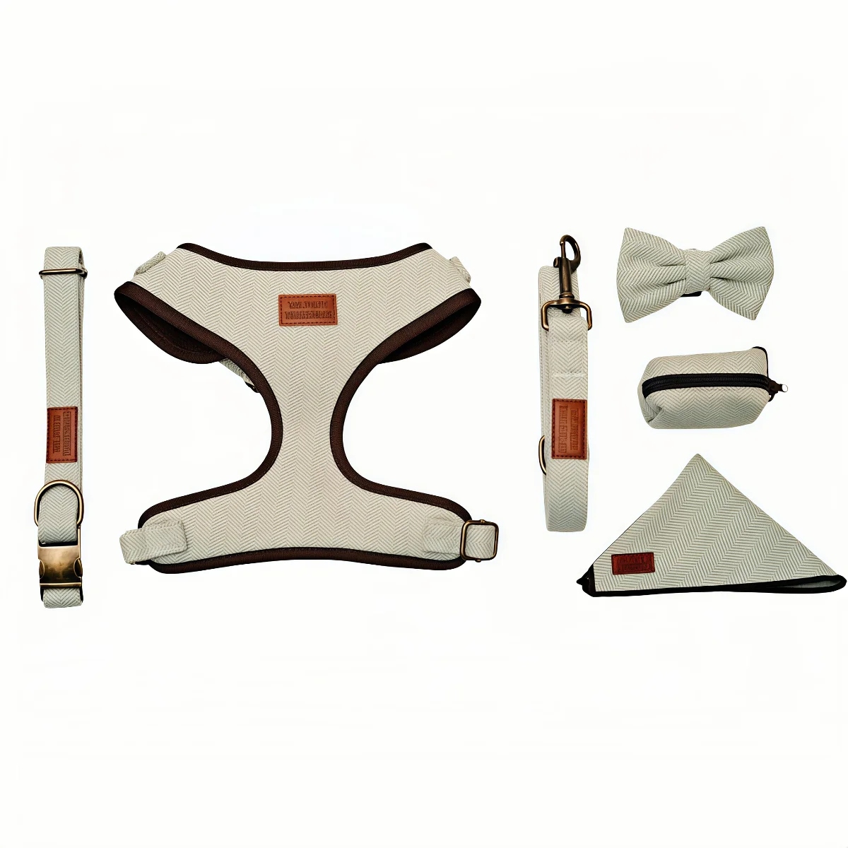 Herringbone textured custom dog harness and leash set, OEM pet products manufacturer for private label brands.