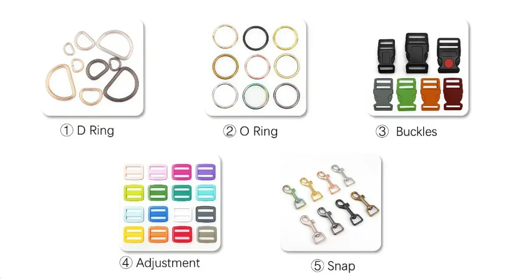 Metal and plastic hardware options for custom dog harnesses including D rings, O rings, buckles, adjusters, and snap hooks by Yiyay Pets.
