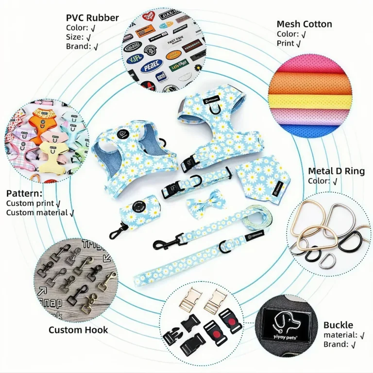 Yiyay Pets OEM custom dog harness set showing material options, printing patterns, hooks, buckles, and metal D rings.