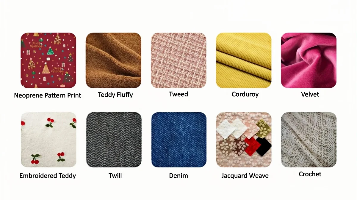 Fabric and material options for OEM custom pet harnesses including neoprene, tweed, velvet, corduroy, denim, and jacquard weave.