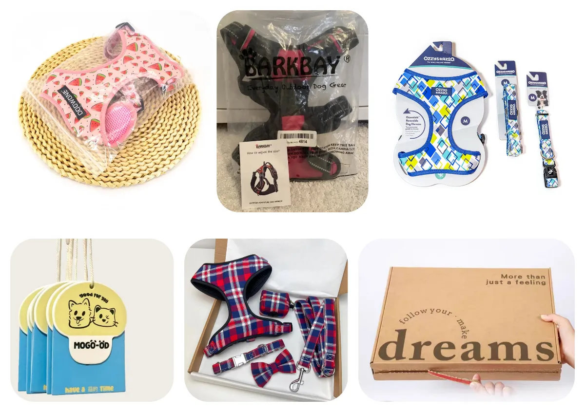 Custom packaging options for dog harness and leash sets including gift boxes, drawstring bags, and retail-ready packaging by Yiyay Pets OEM supplier.