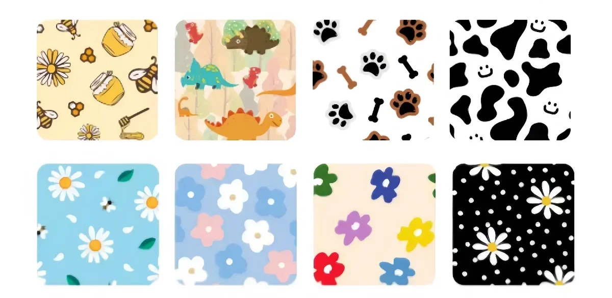 Printed patterns for dog harness OEM customization including floral, cartoon, paw print, and geometric designs.