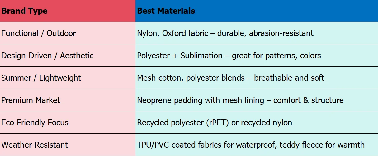 Table comparing the best materials for dog harnesses based on different brand types like functional, aesthetic, premium, eco-friendly, and weather-resistant.