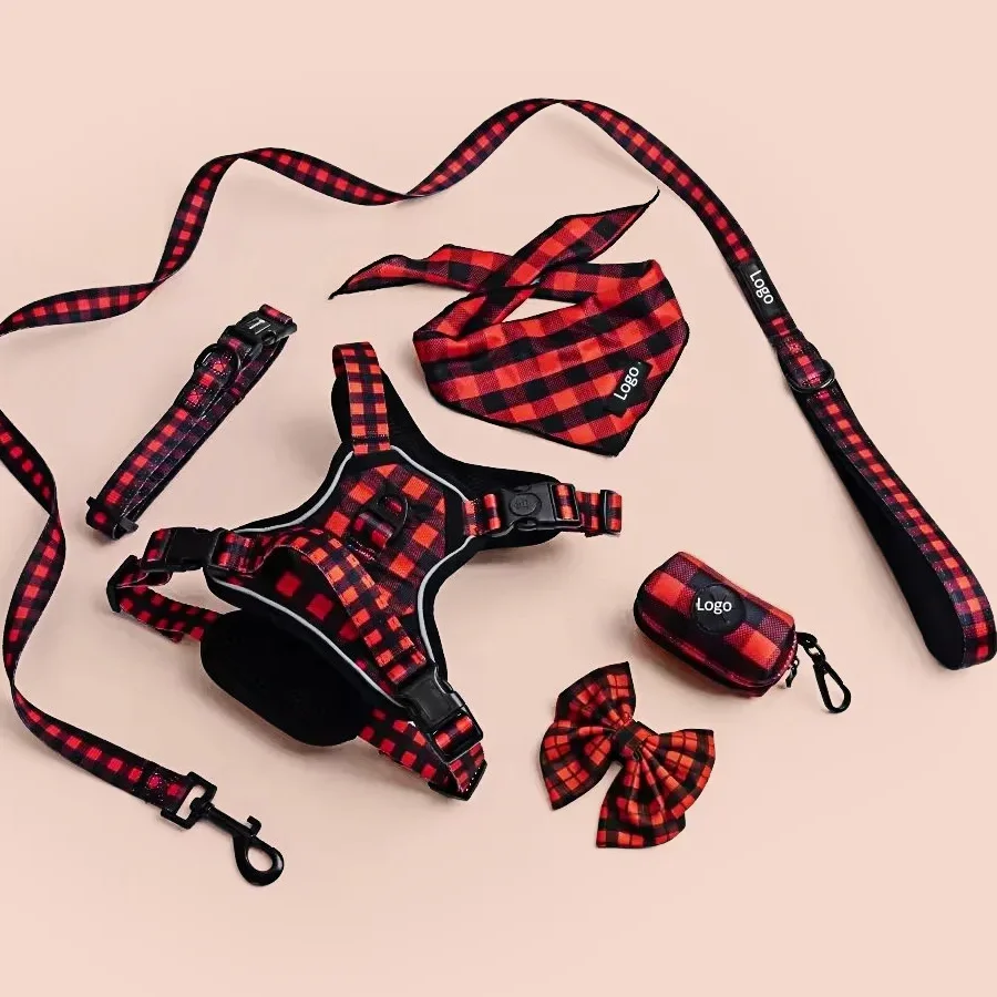 Red and black plaid dog harness set including leash, collar, bandana and bow tie by Yiyay Pets