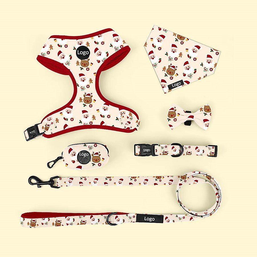 Christmas themed dog harness and leash set with Santa and reindeer prints by Yiyay Pets