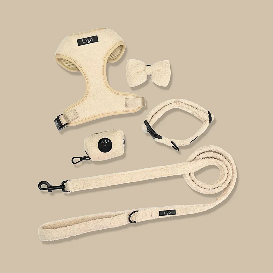 Soft beige teddy fleece dog harness, leash and collar set with matching bow and waste bag holder