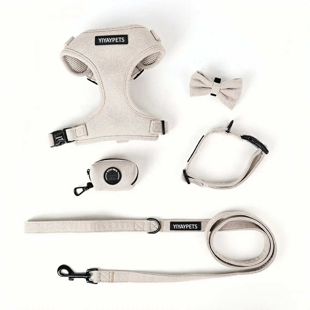 YiyayPets Beige Adjustable Dog Harness Set with Leash, Collar, Bowtie & Waste Bag Holder