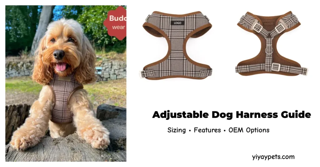 Cockapoo wearing adjustable plaid harness with front and back views and size guide title for B2B buyers