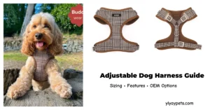 Cockapoo wearing adjustable plaid harness with front and back views and size guide title for B2B buyers