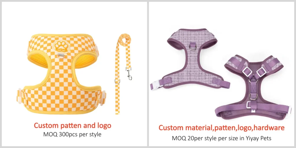 Side-by-side comparison of two custom dog harness types: left shows standard pattern and logo customization with 300pcs MOQ; right shows fully customized harness with custom material, structure, and hardware, available from 20pcs per size.