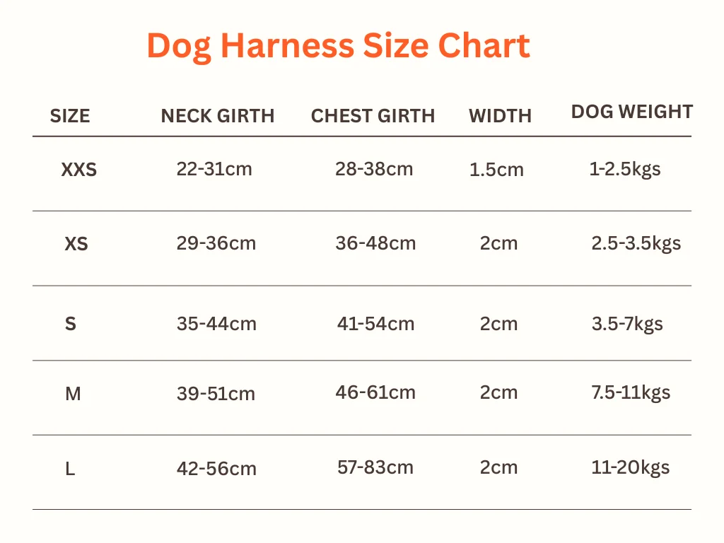Size chart for adjustable dog harnesses showing neck girth, chest girth, width, and recommended dog weight for sizes XXS to L.