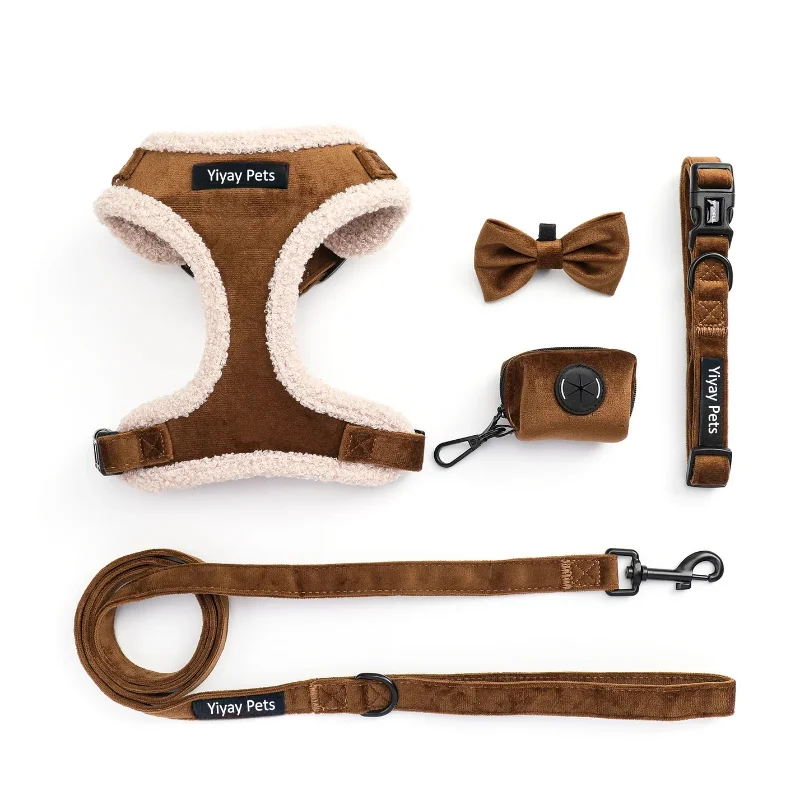 Brown fleece-lined dog harness set by YiyayPets, featuring a cozy adjustable harness, matching leash, collar, bowtie, and poop bag holder for stylish dogs.