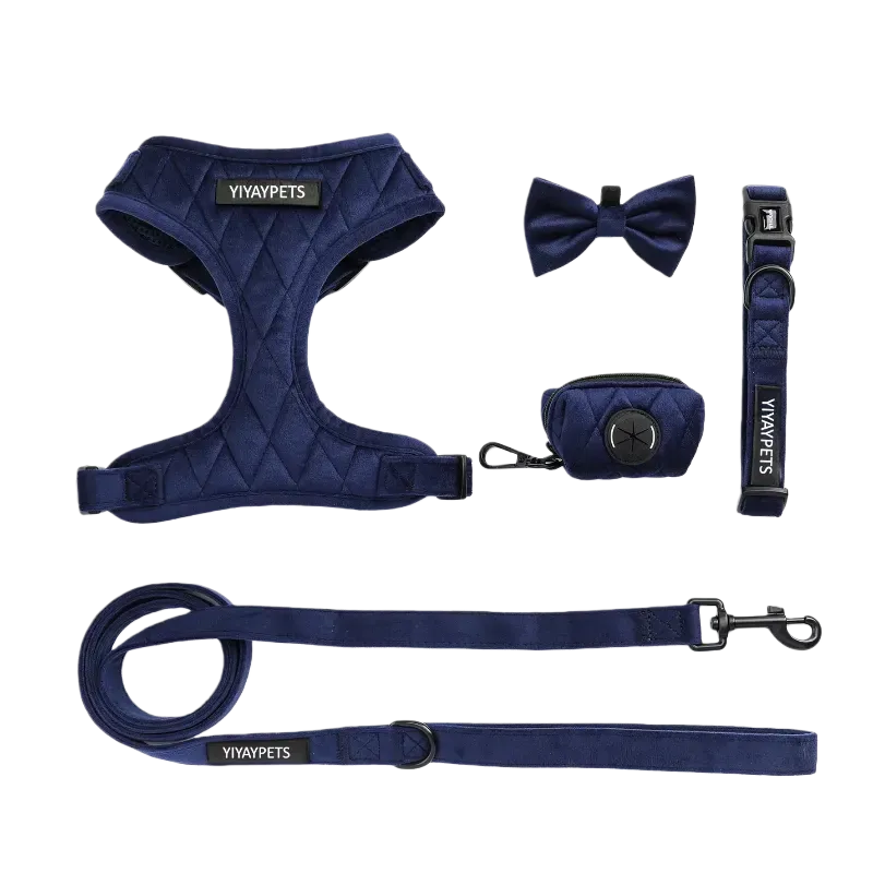 OEM velvet dog harness set for bulk orders, includes adjustable no-pull harness, leash, collar, bowtie, and waste bag holder—ideal for wholesalers and custom branding.