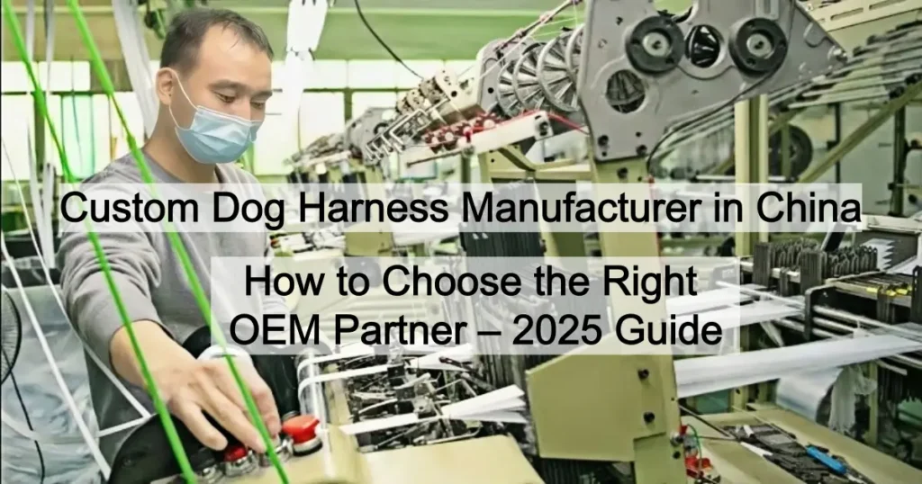Factory worker operating a loom machine in a custom dog harness manufacturing facility in China