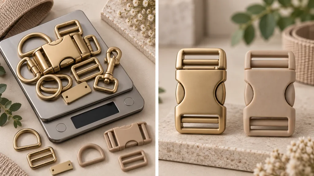 Matte gold metal dog harness hardware compared with a lightweight POM buckle