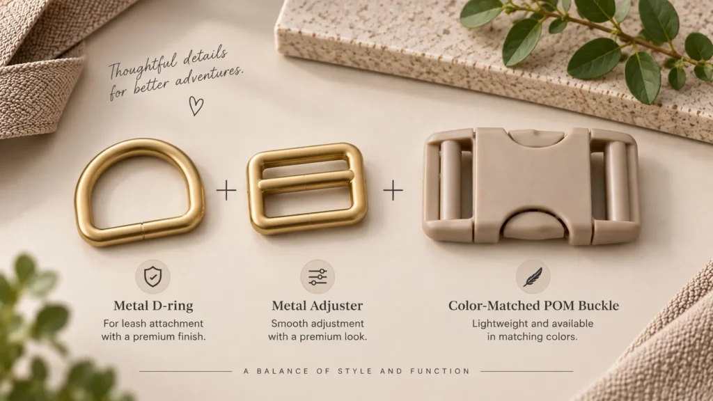 Dog harness hardware combination with metal D-ring, metal adjuster and color-matched POM buckle